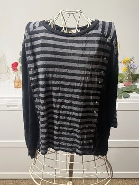 Michael Kors Black & Gray Striped Long-Sleeve Eyelet Detail Top